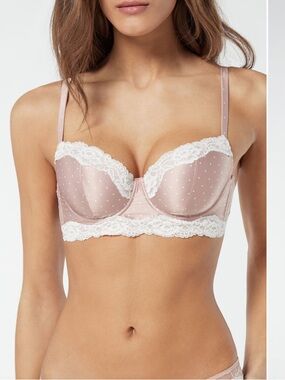Intimissimi Sophia Balconette Bra Size 34D Lace Trim Pink Polka Dot